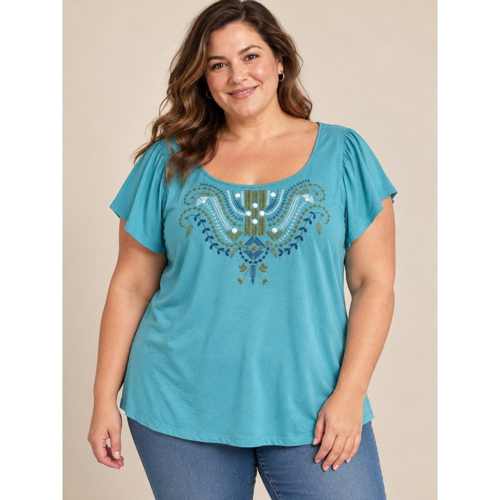 St Johns Bay Teal Embroidered Flutter Sleeve Top 2X Cotton Modal Boho Scoop Neck